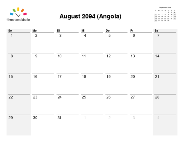 Kalender für 2094 in Angola