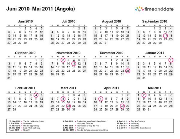 Kalender für 2010 in Angola