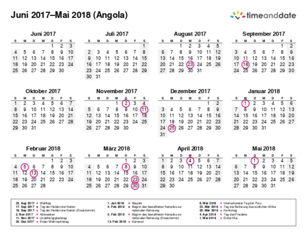 Kalender für 2017 in Angola
