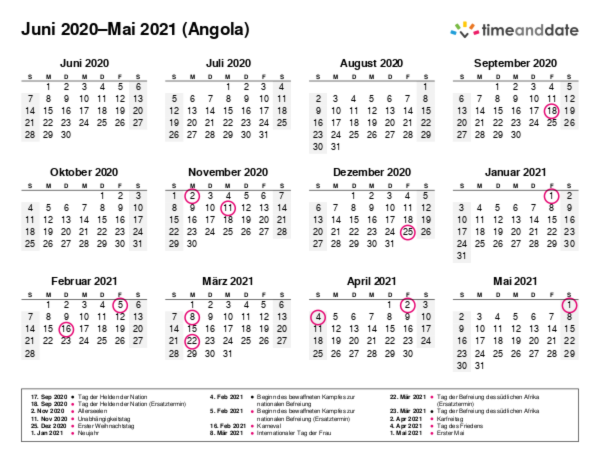 Kalender für 2020 in Angola