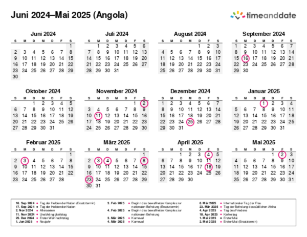 Kalender für 2024 in Angola