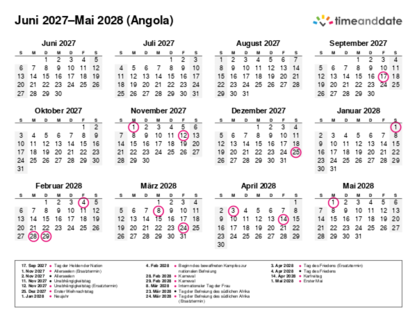 Kalender für 2027 in Angola
