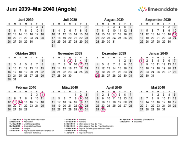 Kalender für 2039 in Angola