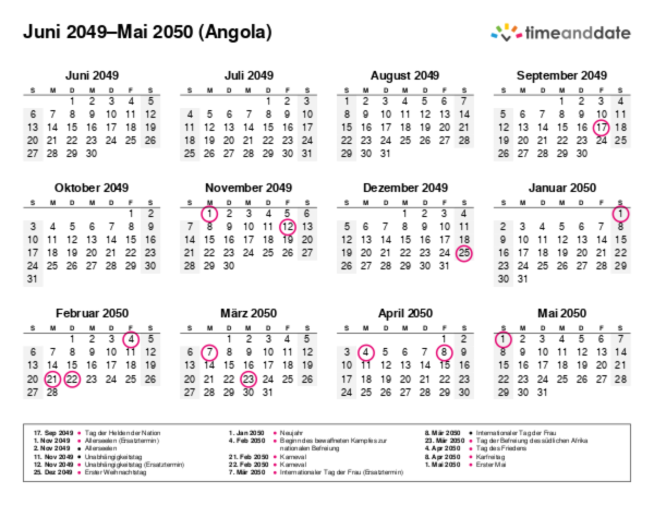 Kalender für 2049 in Angola