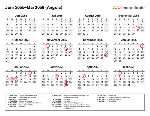 Kalender für 2055 in Angola