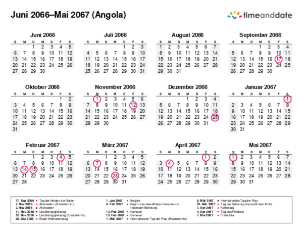 Kalender für 2066 in Angola