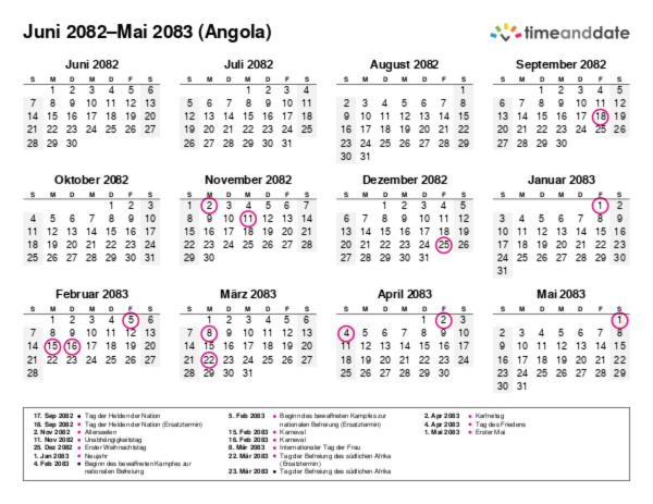 Kalender für 2082 in Angola