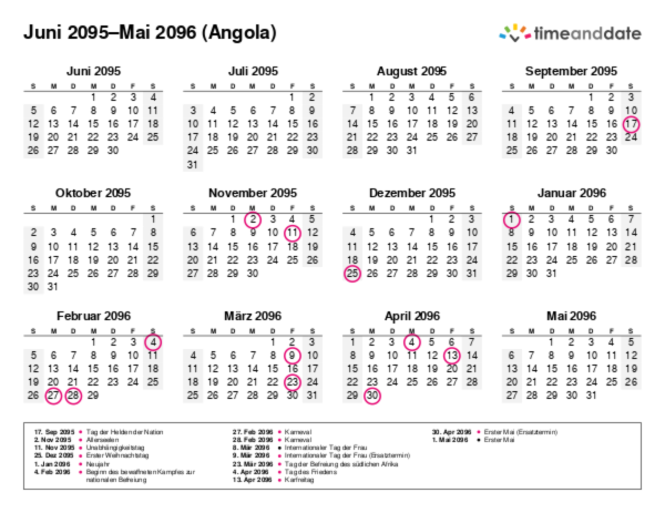 Kalender für 2095 in Angola