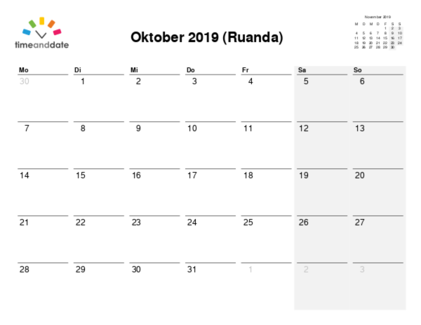 Kalender für 2019 in Ruanda