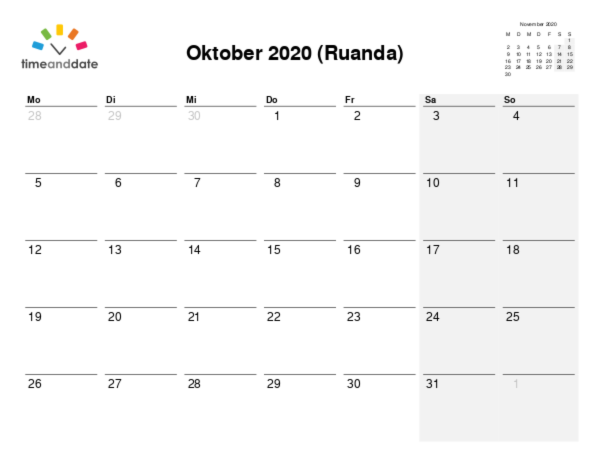 Kalender für 2020 in Ruanda