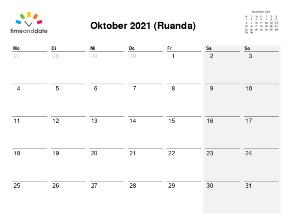 Kalender für 2021 in Ruanda