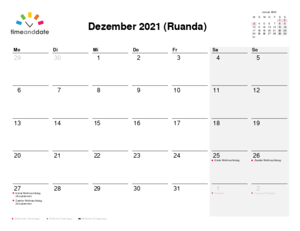 Kalender für 2021 in Ruanda
