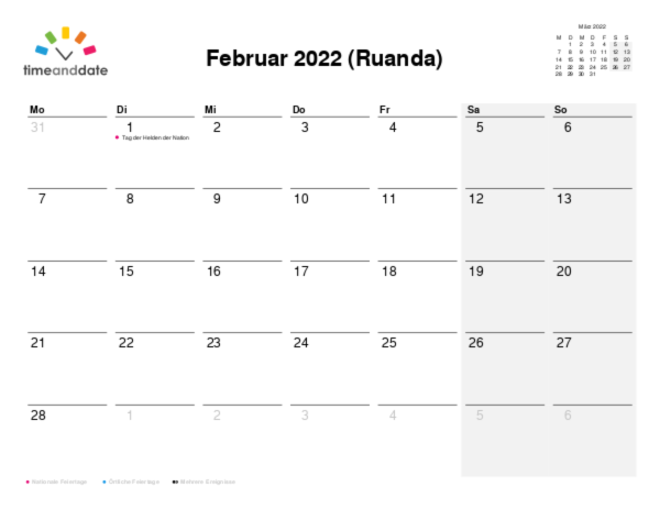 Kalender für 2022 in Ruanda