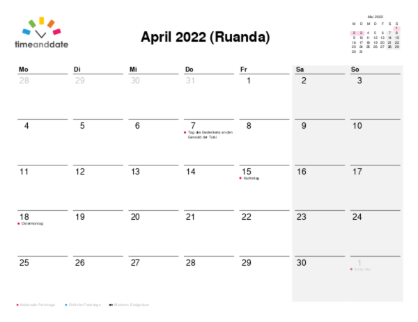 Kalender für 2022 in Ruanda
