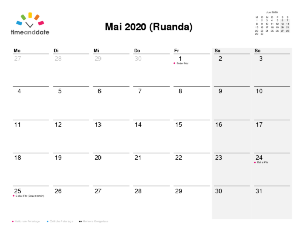 Kalender für 2020 in Ruanda