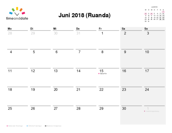 Kalender für 2018 in Ruanda