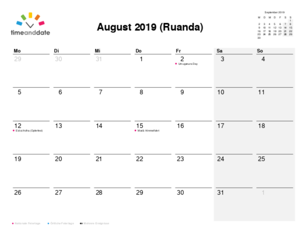 Kalender für 2019 in Ruanda
