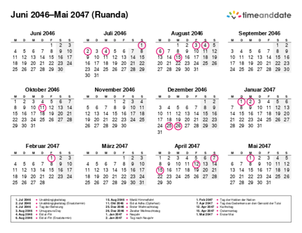 Kalender für 2046 in Ruanda