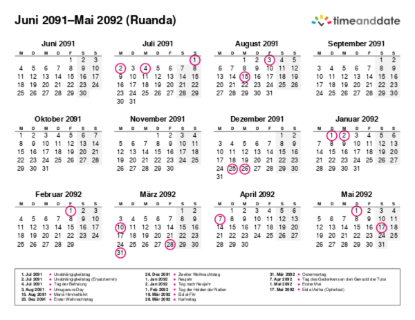 Kalender für 2091 in Ruanda