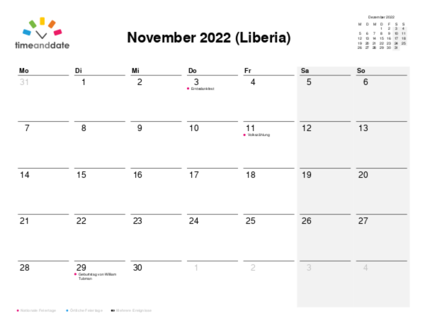 Kalender für 2022 in Liberia