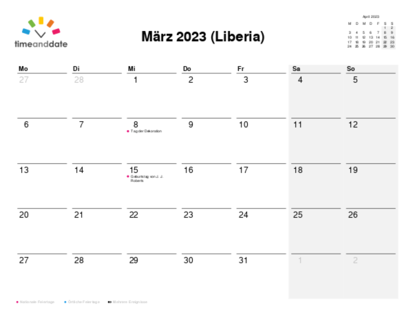 Kalender für 2023 in Liberia