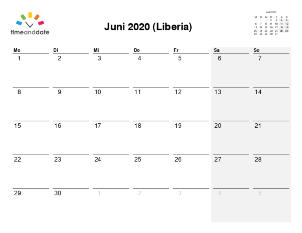 Kalender für 2020 in Liberia