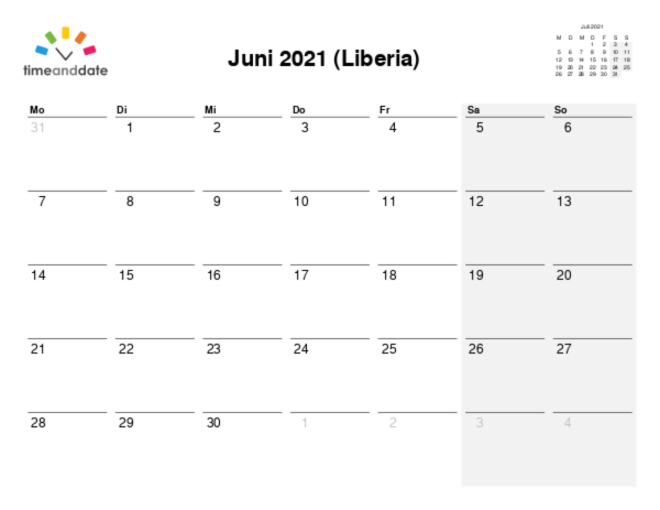 Kalender für 2021 in Liberia
