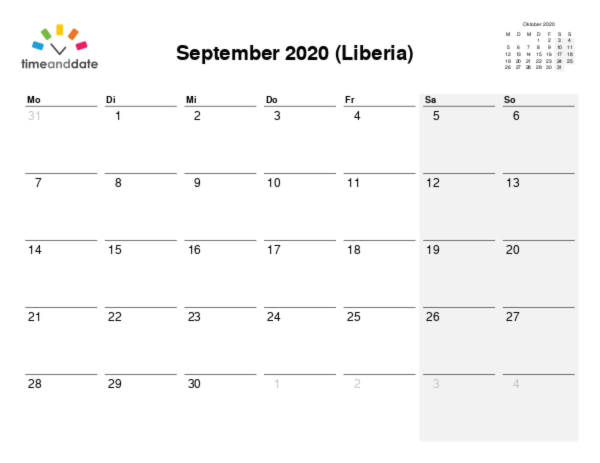Kalender für 2020 in Liberia