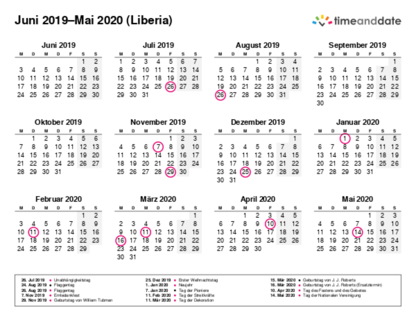 Kalender für 2019 in Liberia