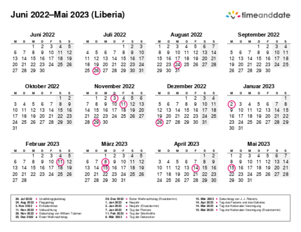 Kalender für 2022 in Liberia