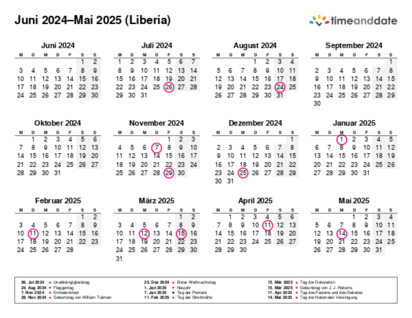 Kalender für 2024 in Liberia