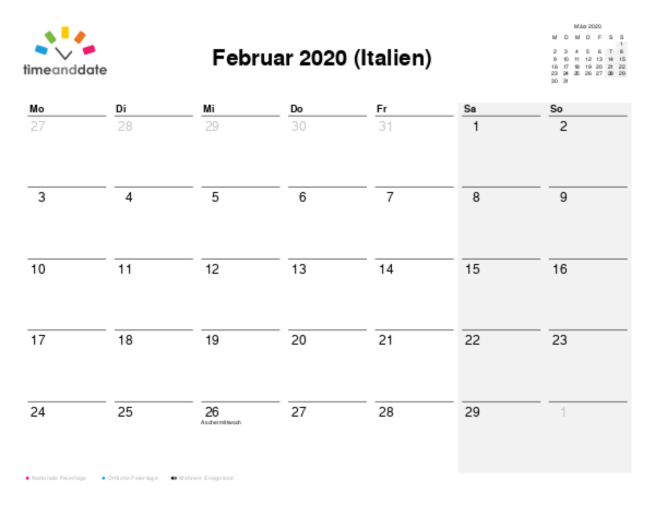 Kalender für 2020 in Italien