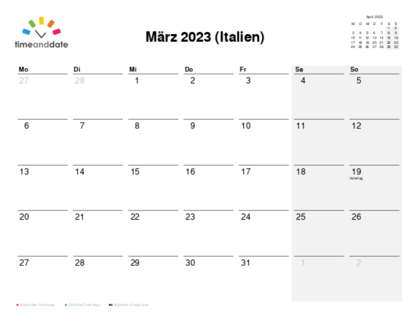 Kalender für 2023 in Italien
