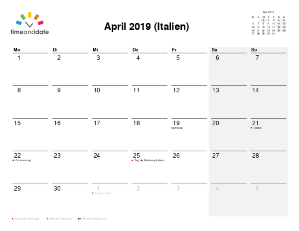 Kalender für 2019 in Italien