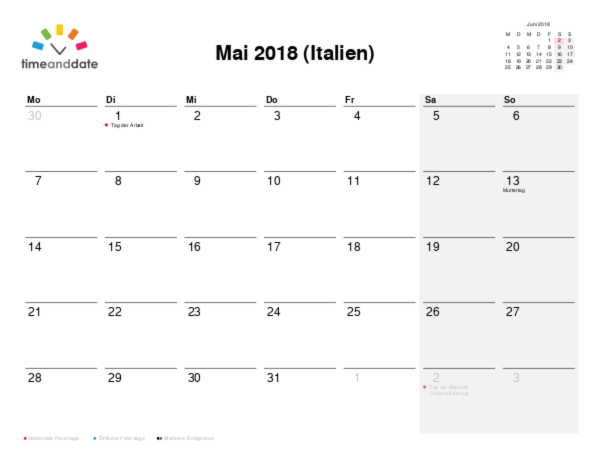 Kalender für 2018 in Italien