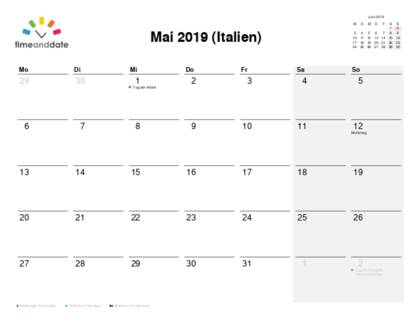 Kalender für 2019 in Italien