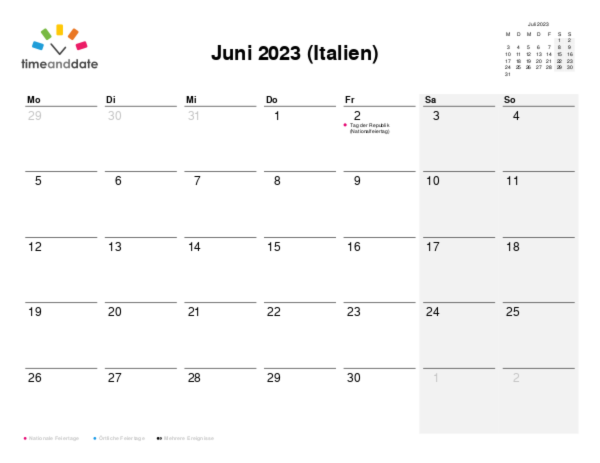 Kalender für 2023 in Italien