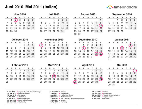 Kalender für 2010 in Italien