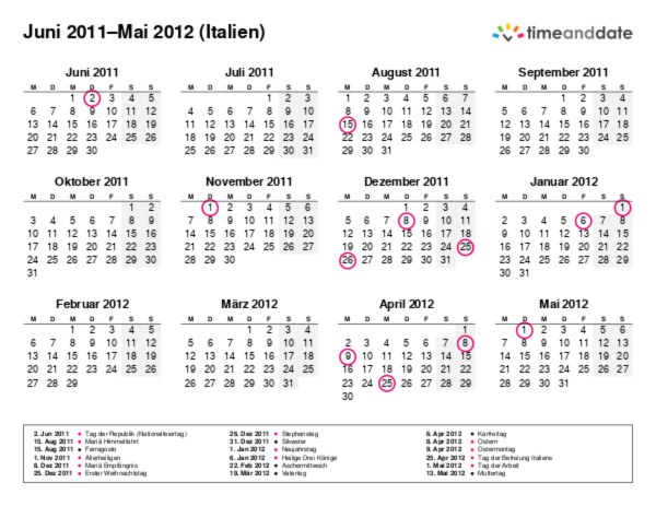 Kalender für 2011 in Italien
