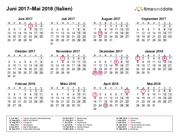 Kalender für 2017 in Italien