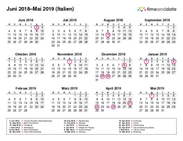 Kalender für 2018 in Italien
