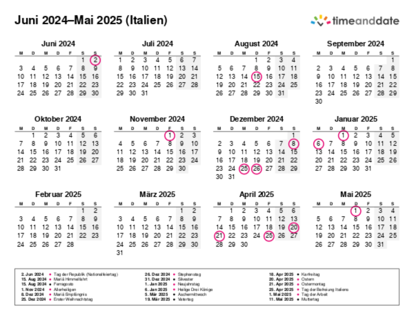 Kalender für 2024 in Italien