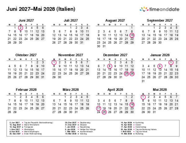 Kalender für 2027 in Italien