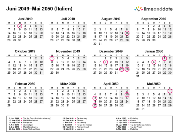 Kalender für 2049 in Italien