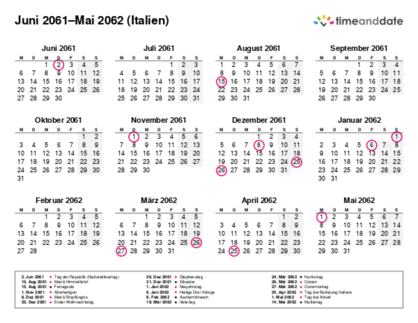 Kalender für 2061 in Italien