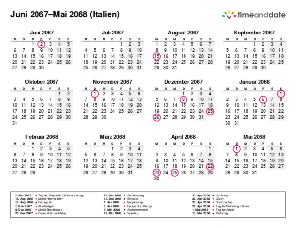 Kalender für 2067 in Italien