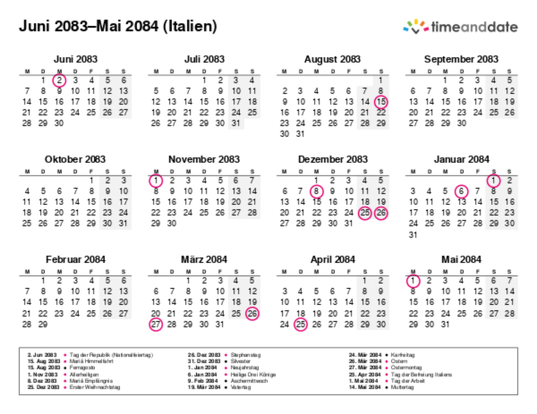 Kalender für 2083 in Italien