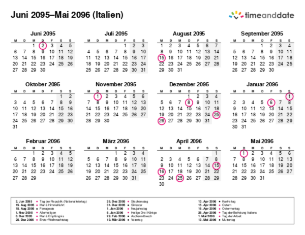 Kalender für 2095 in Italien