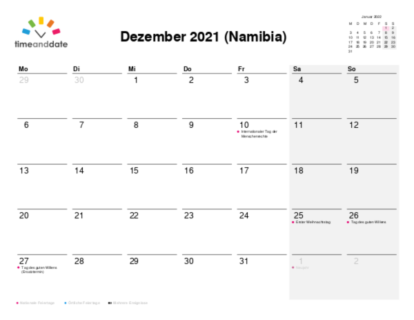 Kalender für 2021 in Namibia