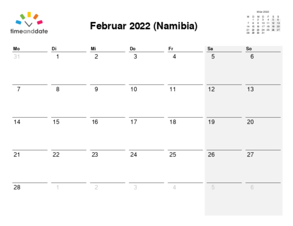 Kalender für 2022 in Namibia